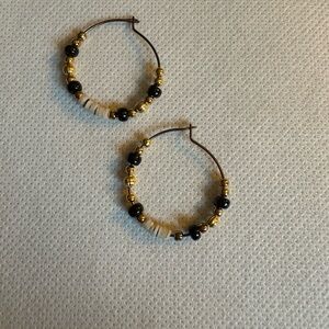 Black, Gold and Puka Shell Beaded Hoop Earrings